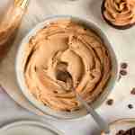 A bowl filled with coffee frosting and a spoon.
