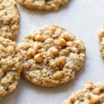 Oatmeal Scotchies on top of a rustic gray surface.