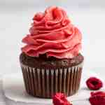 A chocolate cupcake topped with raspberry frosting.