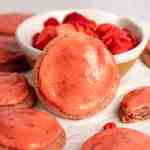 A strawberry cookie leaning on a bowl of freeze-dried strawberries.