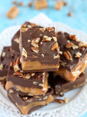 An easy chocolate fudge recipe with a soft caramel center and pecans all throughout. Everyone will love this Turtle Fudge!